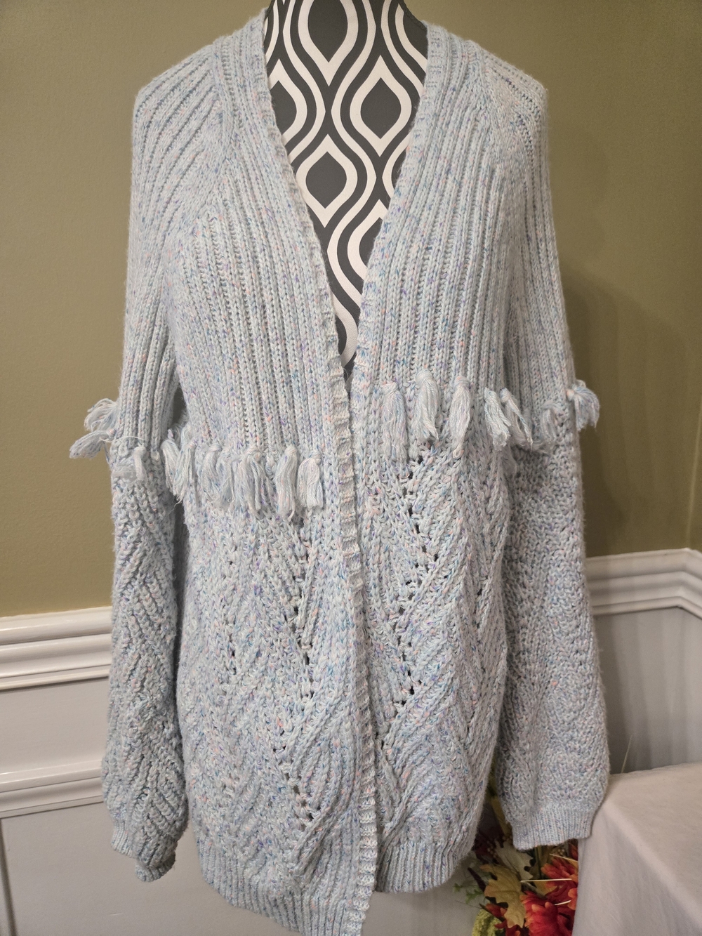 Cat & Jack Light Blue Fringe Knit Sweater Cardigan XL